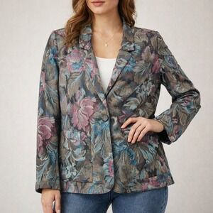 VTG Jessica Scott Floral Tapestry Blazer Women's Large Jacket Y2K Retro Cottage
